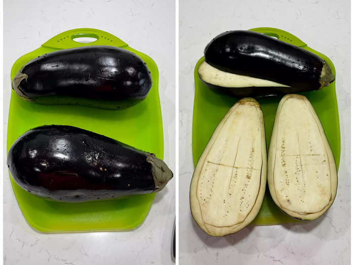 First, preheat the oven to 350 degrees Fahrenheit. Then, cut the eggplants in half and prepare them for the oven.