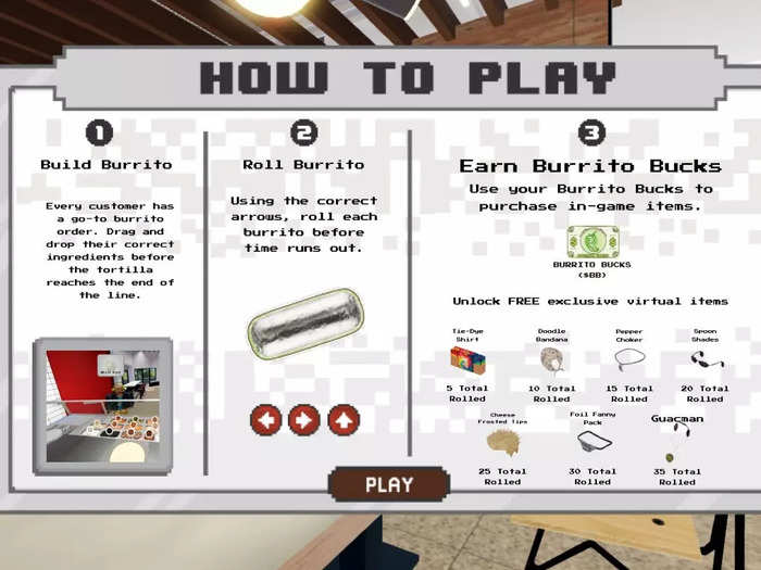 Next, it was time to play the burrito builder game, which Chipotle has promoted as a highlight of the Roblox installation.