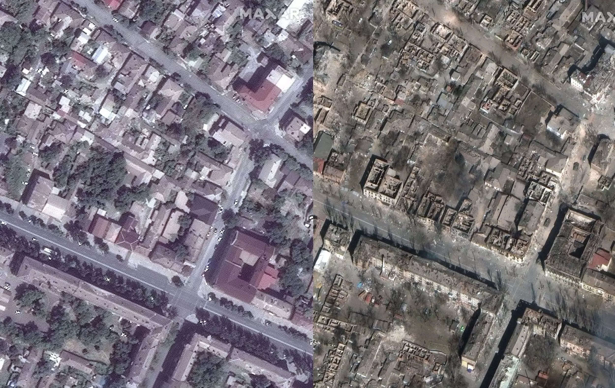Before and after imagery showing residential damage to Mariupol