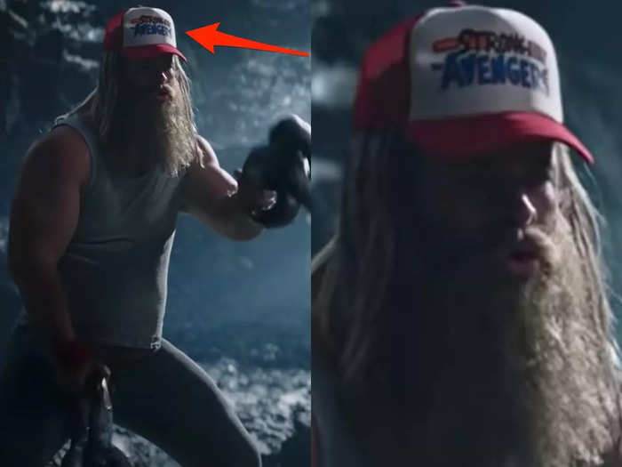 Thor wears a hat that appears to say "Strongest Avenger."