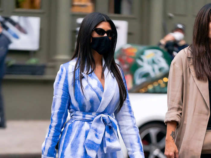 Kardashian mixed hard and soft in this 2020 look, wearing a blazer as a dress.