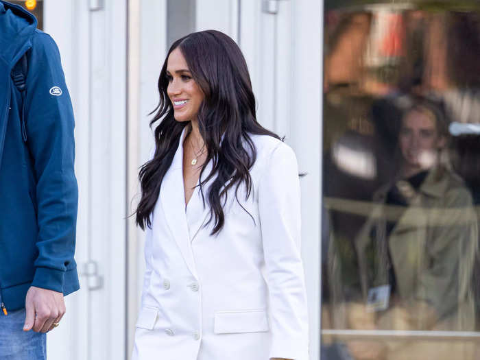 Meghan Markle wore a white oversized suit to the reception of the 2020 Invictus Games on Friday in The Hague, Netherlands.