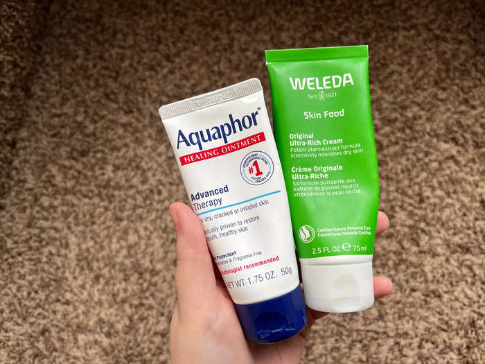 After washing off my masks and applying azelaic acid, prescription tretinoin, and eye cream, I use Aquaphor in a variety of ways.