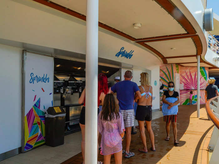 In the middle of the pool deck, Sprinkles has all-you-can-eat soft-serve ice cream with vanilla, chocolate, strawberry, and mixed flavors. It