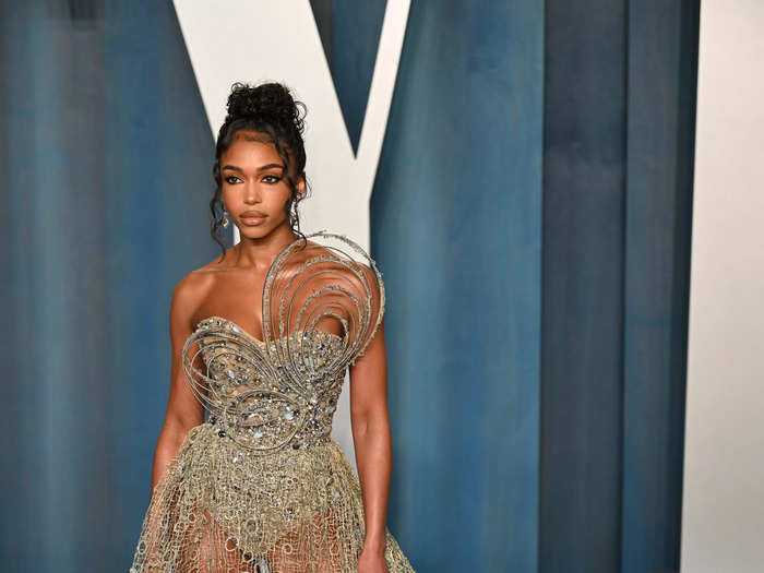 Lori Harvey rocked a sheer geometric gown at the Vanity Fair Oscar Party.