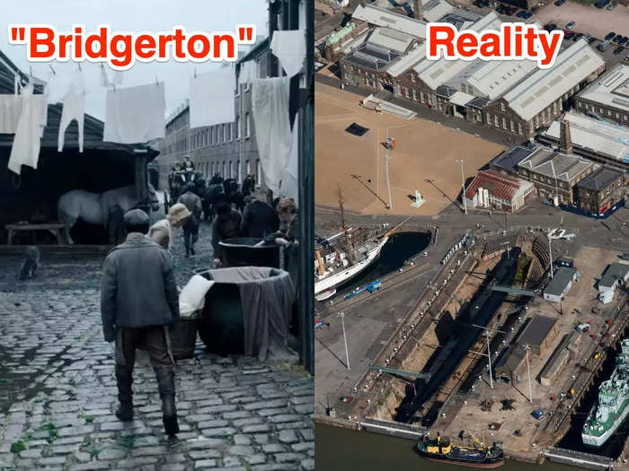 Scenes depicting poorer hubs in London were filmed at the Historic Chatham Dockyard in Kent.