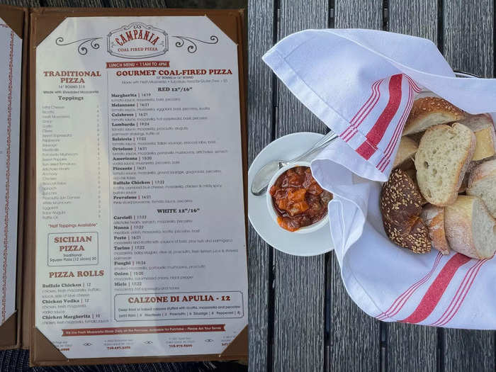 Rachel tried an appetizer, pizza, and pasta from the menu. But the first thing she loved was the caponata that came with the free bread.