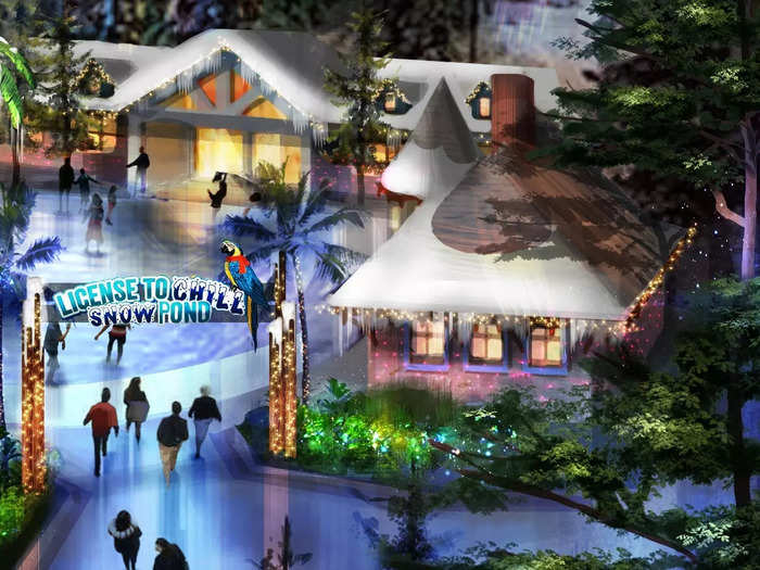 Margaritaville may be synonymous with a tropical getaway, but the upcoming location will also have branded attractions to draw guests during colder months, like a winter market, "Landshark Tube Slide Runs," and a "License to Chill Ice Pond."