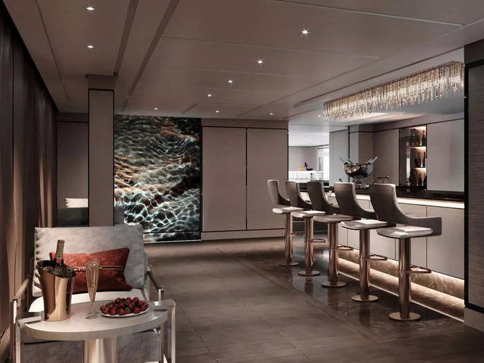 Passengers can also spend their time at sea lounging at one of the several common spaces, which include an open-aired observation deck, a cigar lounge, and a cocktail and piano bar.