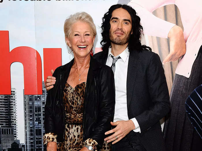 Another 30-year age gap is between 76-year-old Dame Helen Mirren and 46-year-old Russell Brand, who have a comical and flirty relationship.