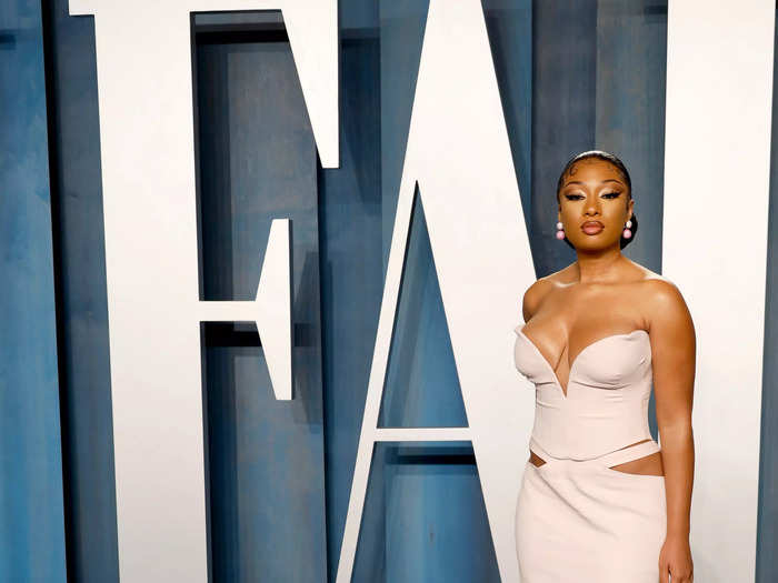 For her third look of the night, Meghan Thee Stallion wore a dress with cutouts for Vanity Fair