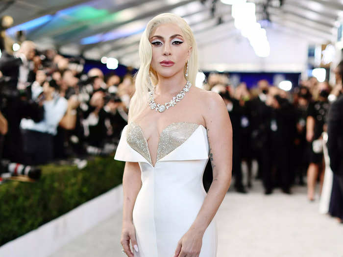 Lady Gaga stunned in a crystal bodice and pristine white gown at the SAGs.