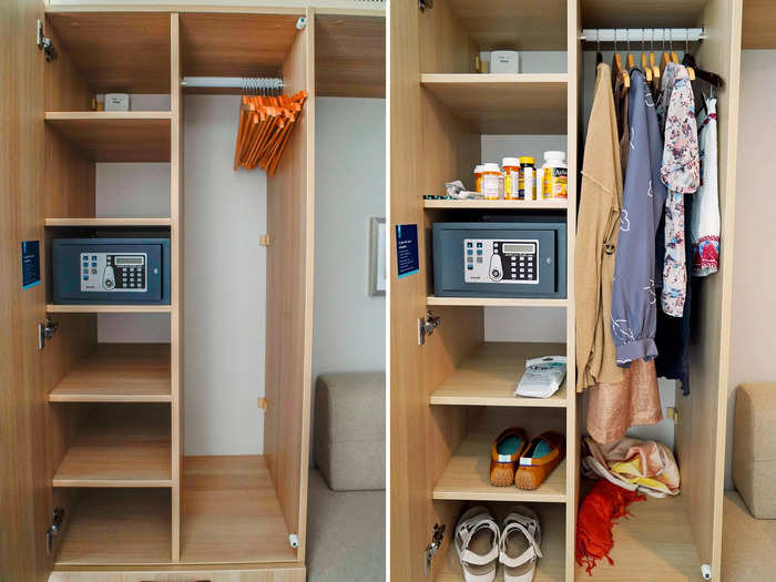 Inside each closet, I found a rack of hangers, shelving, and a small safe.