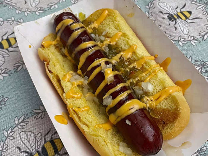 This $13 "sumo dog" came topped with wasabi relish, spicy mayo, and minced onion.