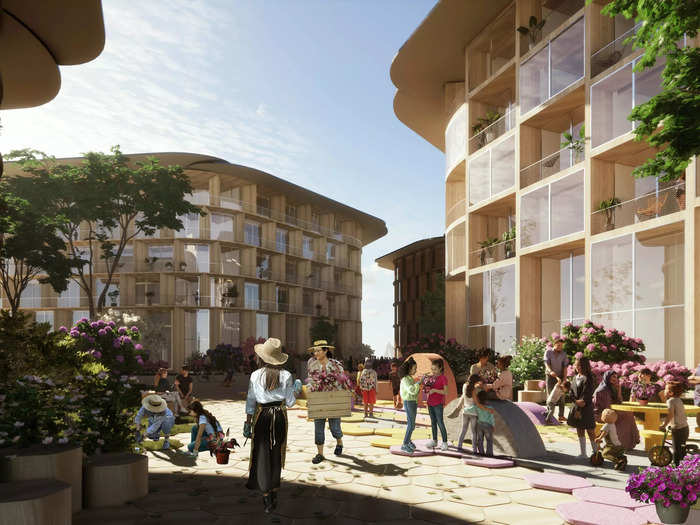 The buildings will be low-rise with terraces and lots of access to outdoor space. The platforms will also house greenhouses and urban agriculture.