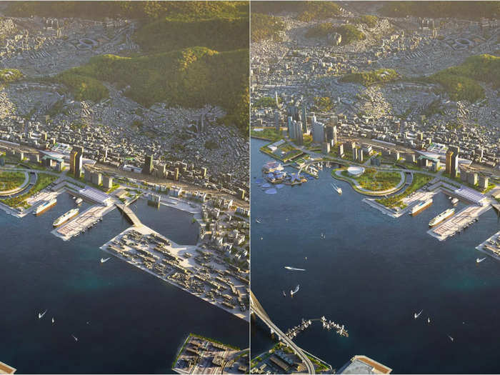 The images show how the city, constructed on interconnected platforms, will slowly be built ...