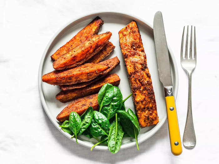 6. Grilled mackerel, salmon, or tuna with sweet potato and greens