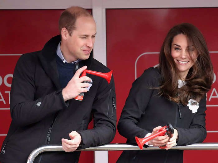 William appeared to enjoy teasing Middleton with an air horn while cheering on marathon runners.