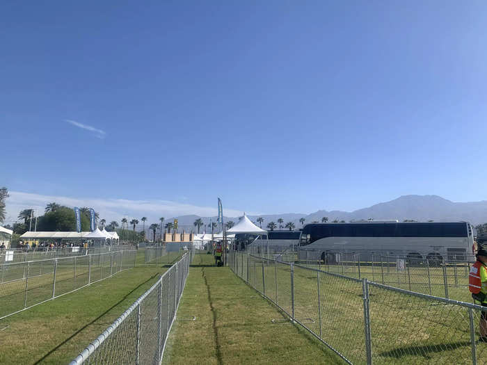 Fences separated hotel shuttles in the drop-off area at Coachella, helping to organize the shuttle lines for pick-up at the end of the night.