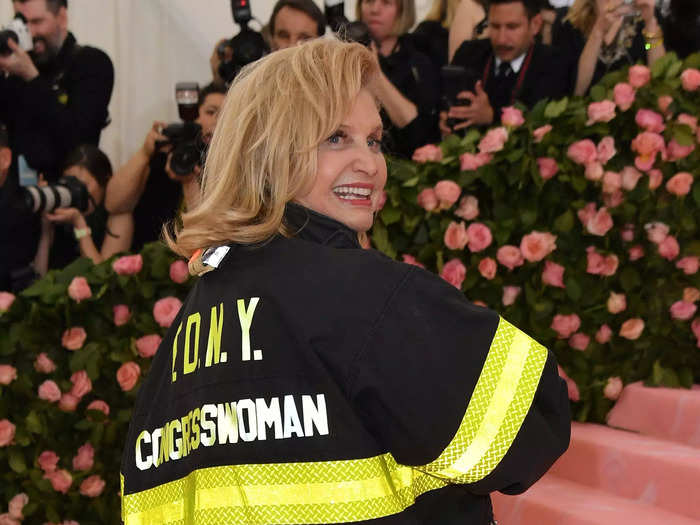 At the 2019 gala, Rep. Carolyn B. Maloney wore a neon-yellow Vassilis Zoulias dress with a firefighter jacket she vowed to wear until the passage of her bill for 9/11 first responders.