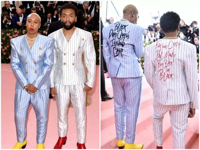 The following year, Waithe and Pyer Moss designer Kerby Jean-Raymond wore custom suits featuring statements on the back.