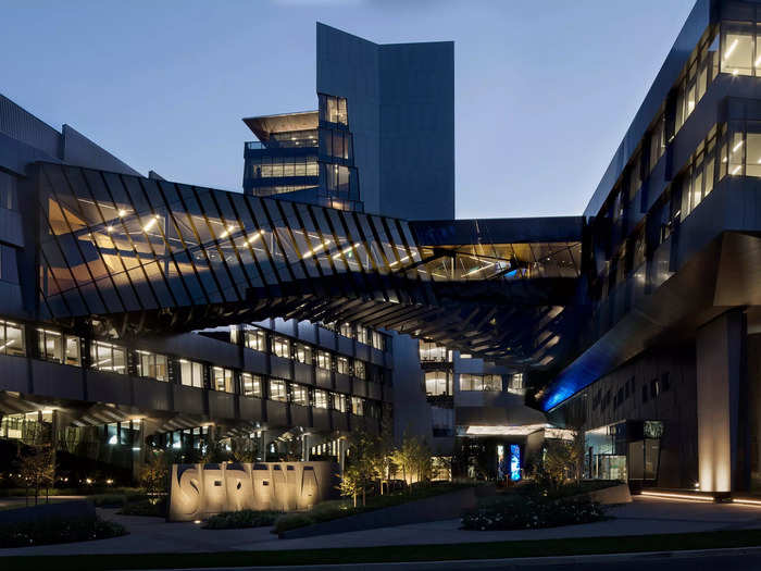 The building has a tower that is split into two parts — designed to mirror the relationship between Nike