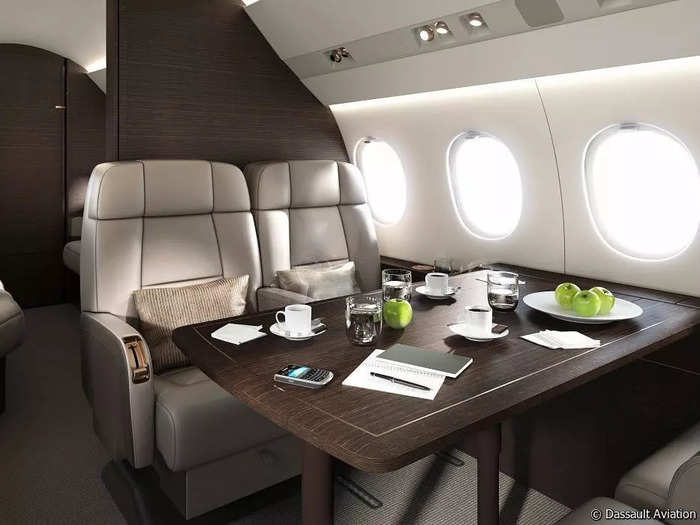 The plane has a shared dining space.