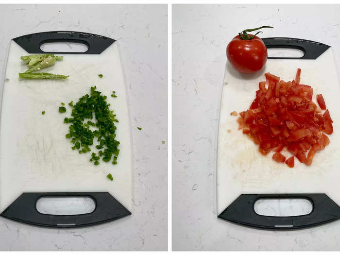 Add some heat by finely chopping a jalapeño and chop the tomatoes.