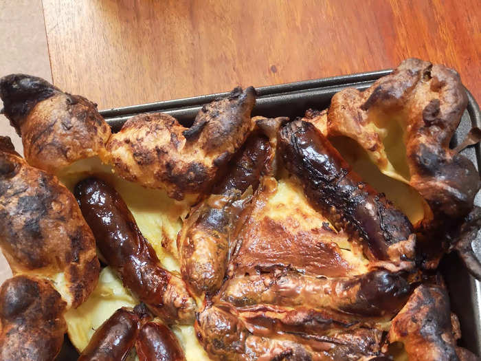 Toad-in-the-hole is basically lots of sausages hiding in one giant Yorkshire pudding.