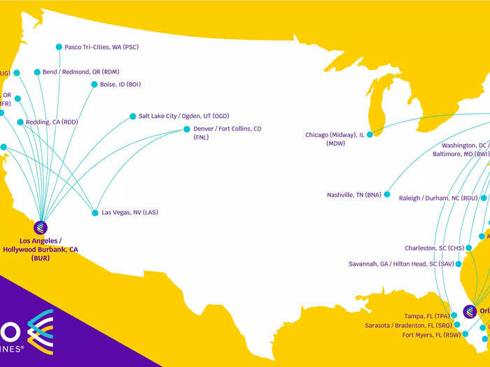 The airline has two current bases — New Haven, Connecticut, on the East Coast, and Burbank, California, on the West Coast. From its hubs, Avelo has created a network of 26 leisure routes to places like Las Vegas, Boise, Orlando, Sonoma County, Nashville, and Savannah.