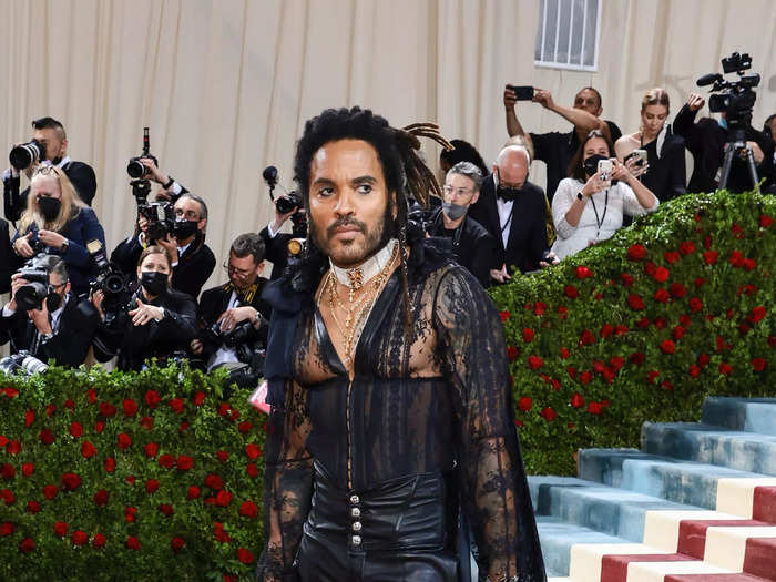 Lenny Kravitz paired his leather pants with a see-through top.