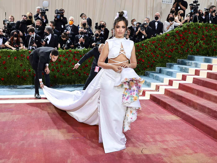 Camila Cabello wore a "completely upcycled and sustainable" white dress by Atelier Prabal Gurung.