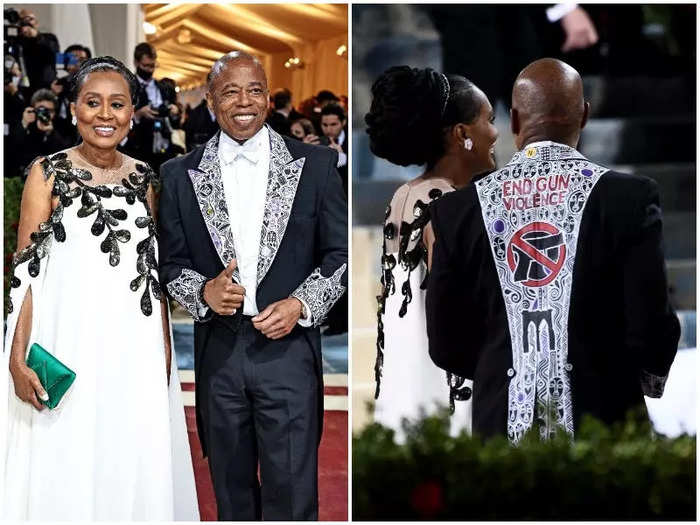 Mayor Eric Adams of New York City wore a tuxedo by Nigerian designer Laolu Senbanjo emblazoned with the words "End gun violence."