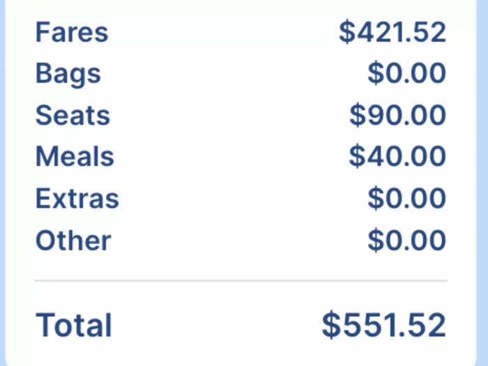 After going through the booking process for a June flight from New York to Oslo and back, the total economy price with carry-on bags, checked bags, standard seats, and two meals is $551.52.