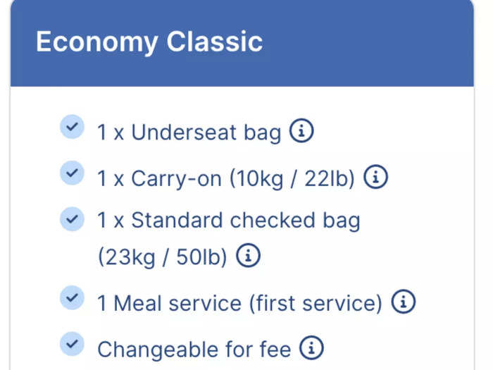 Classic includes an underseat bag, a carry-on, a standard checked bag, and one free meal. Carry-ons must be 22 x 18 x 10 inches or less. Both Light and Classic are changeable for a fee.