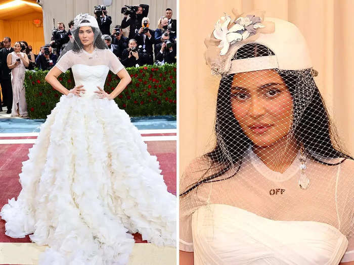 Kylie Jenner wore a baseball-cap veil with her wedding dress.