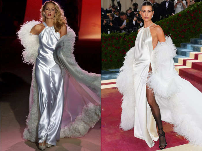 Hailey Bieber looked angelic in a white silk gown that was an ode to Jerry Hall