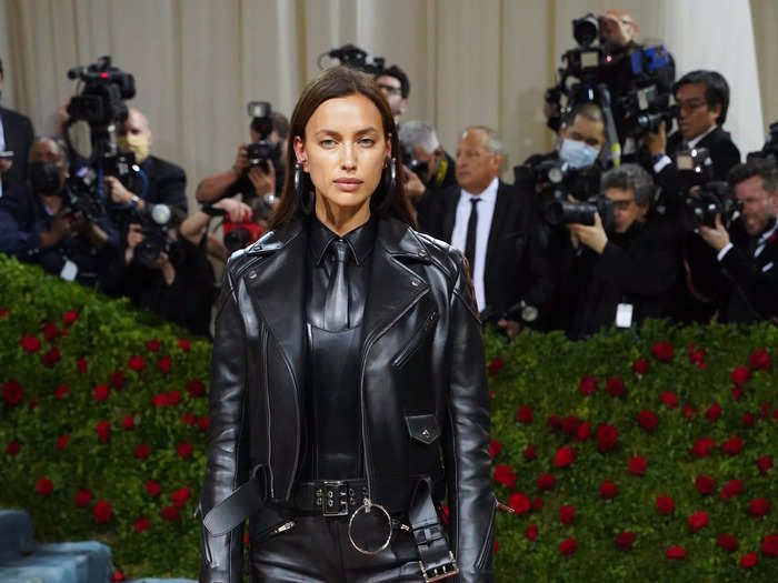 Irina Shayk brought a high-fashion edge with this black leather ensemble.