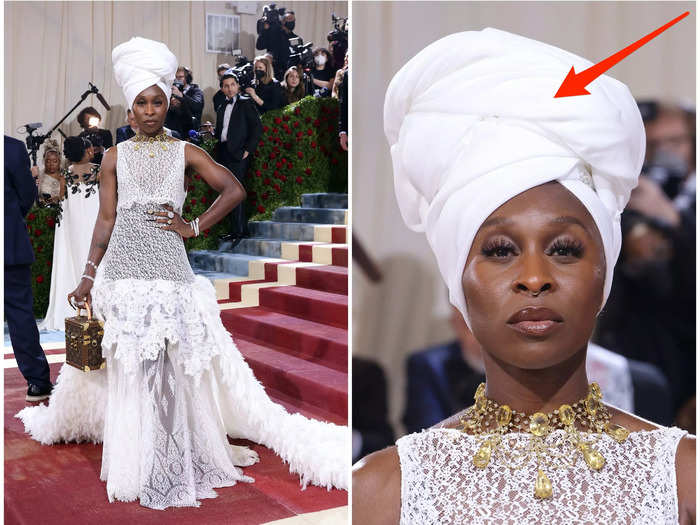 Cynthia Erivo paired a white headpiece with her all-white gown to celebrate Black women from 1800s Louisiana.