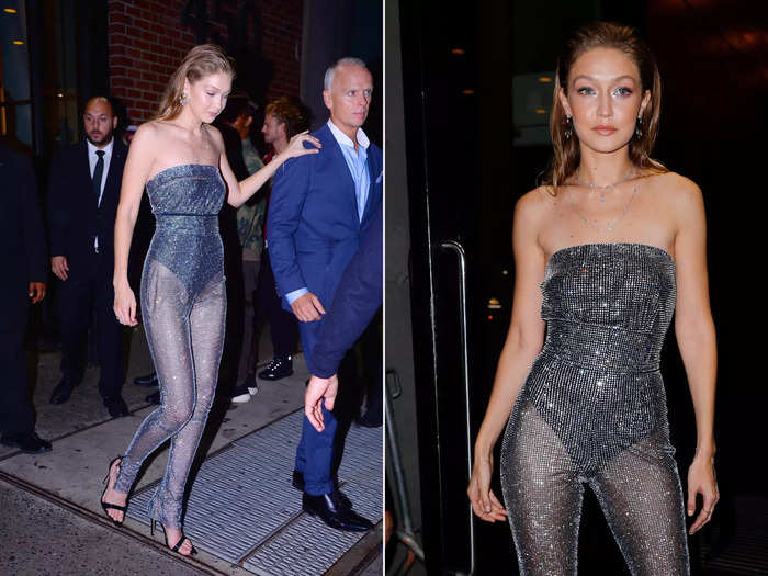 Hadid wore a see-through, sparkling jumpsuit during New York Fashion week in 2018.