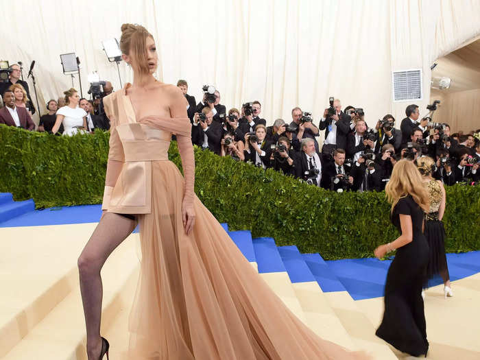 Hadid played with hemlines for the 2017 Met Gala red carpet.