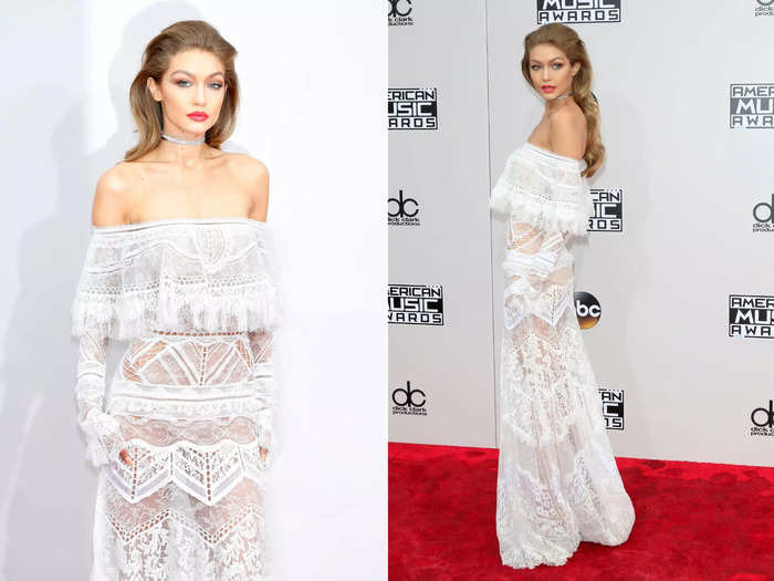 For the 2016 American Music Awards, Hadid wore an off-the-shoulder, see-through gown.