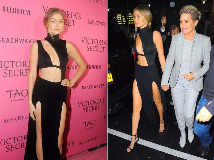 Hadid wore a double-slit gown to the 2015 Victoria