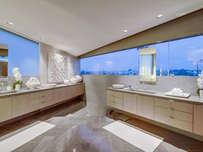 The main bathroom has double sinks.