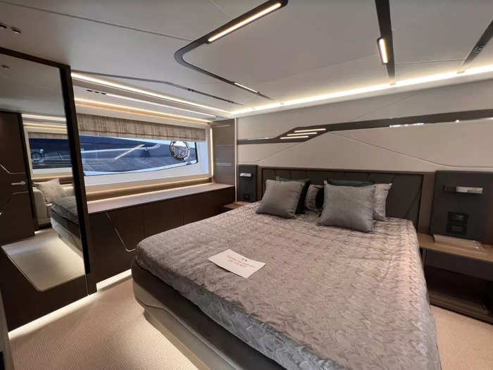 The Sport Yacht has three cabins, including a "master stateroom." The cabin feels rather spacious and features a king-sized bed, a sitting area, wardrobe, and bathroom.