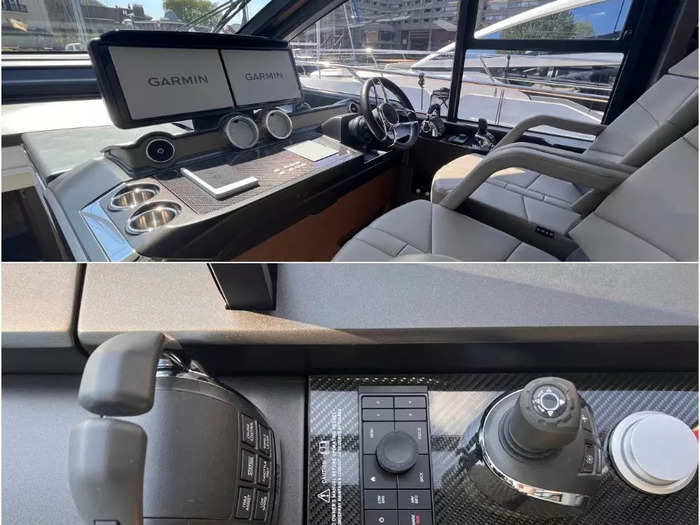 Comprised of two screens and a spacious control panel, the helm section on the main deck feels very modern.