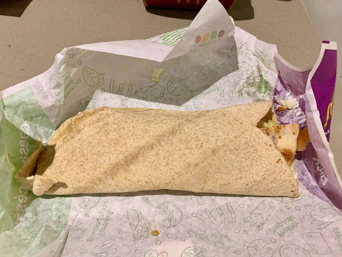 This wrap was larger than the other and packed more full, with chicken spilling out of the tortilla.