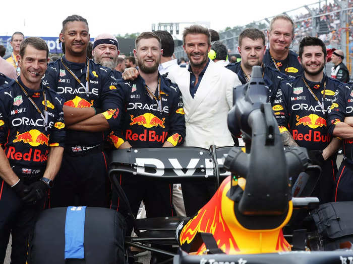 David Beckham looked right at home alongside the Red Bull Racing team.