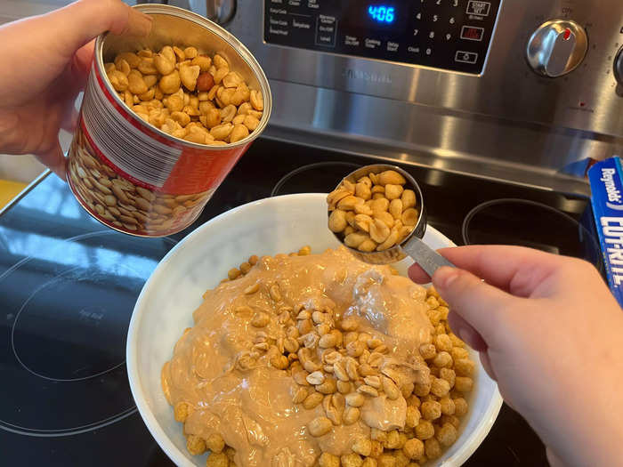 I almost forgot the cup of peanuts, so I added them to the mixture before combining everything together in the bowl.