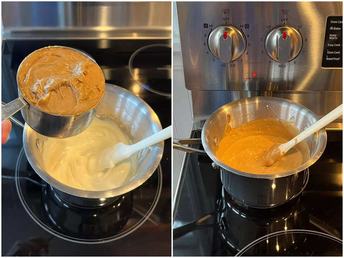 When the white chocolate chips were fully melted, I added a cup of creamy peanut butter. Once they were combined, I removed them from the stove.